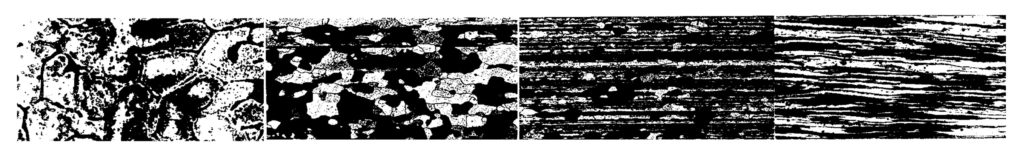 Microscopy images showing, from left to right, the weld fusion, annealed zone, partially annealed zone and unaffected zone