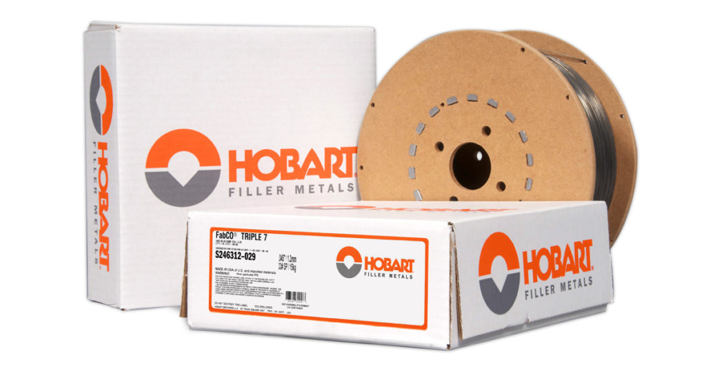 Product photo of two boxes, spool of Triple 7 gas-shielded flux-cored wire